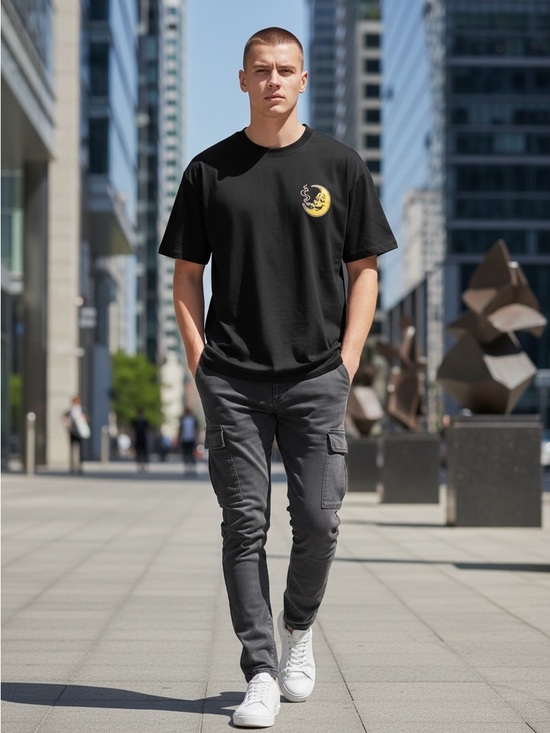 Other - Black Graphic Crewneck T-Shirt with Yellow Moon Emblem